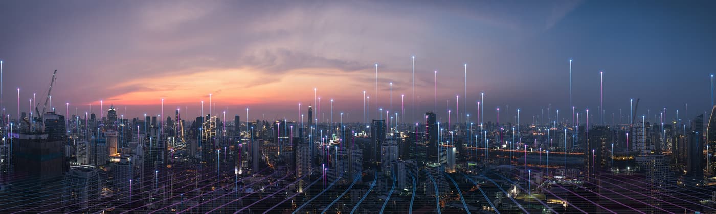 Cityscape with digital network visualization for smart device and connected technologies testing 